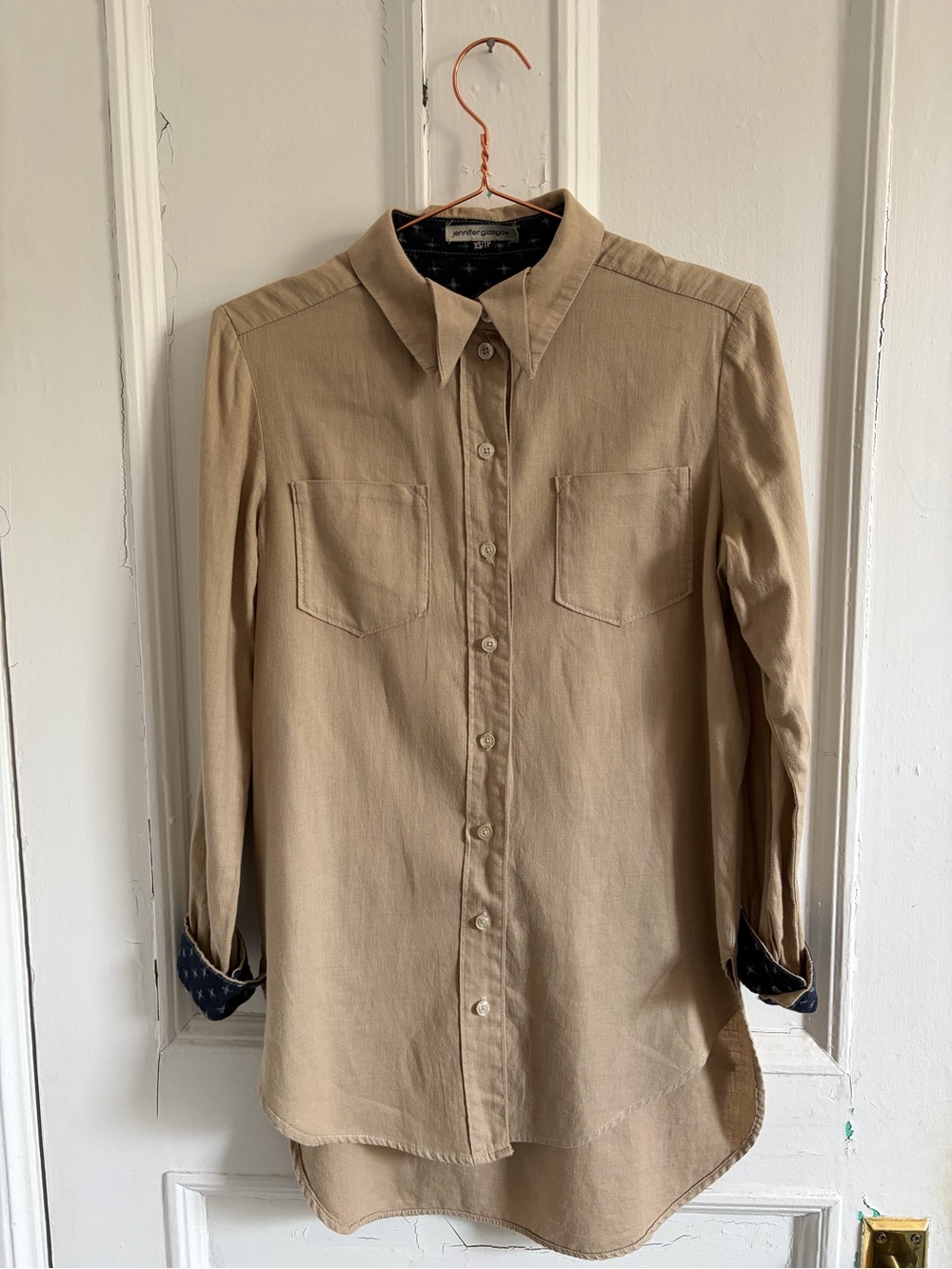Jennifer Glasgow Tan Button-Down Shirt with Origami Collar